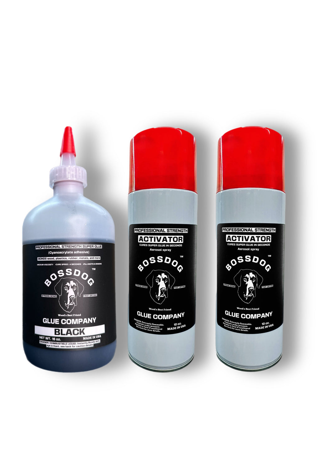 Professional Strength BLACK (MEDIUM) Super Glue 16 fl oz + TWO 10 fl oz ACTIVATORS Bundle BOSSDOG Glue Company