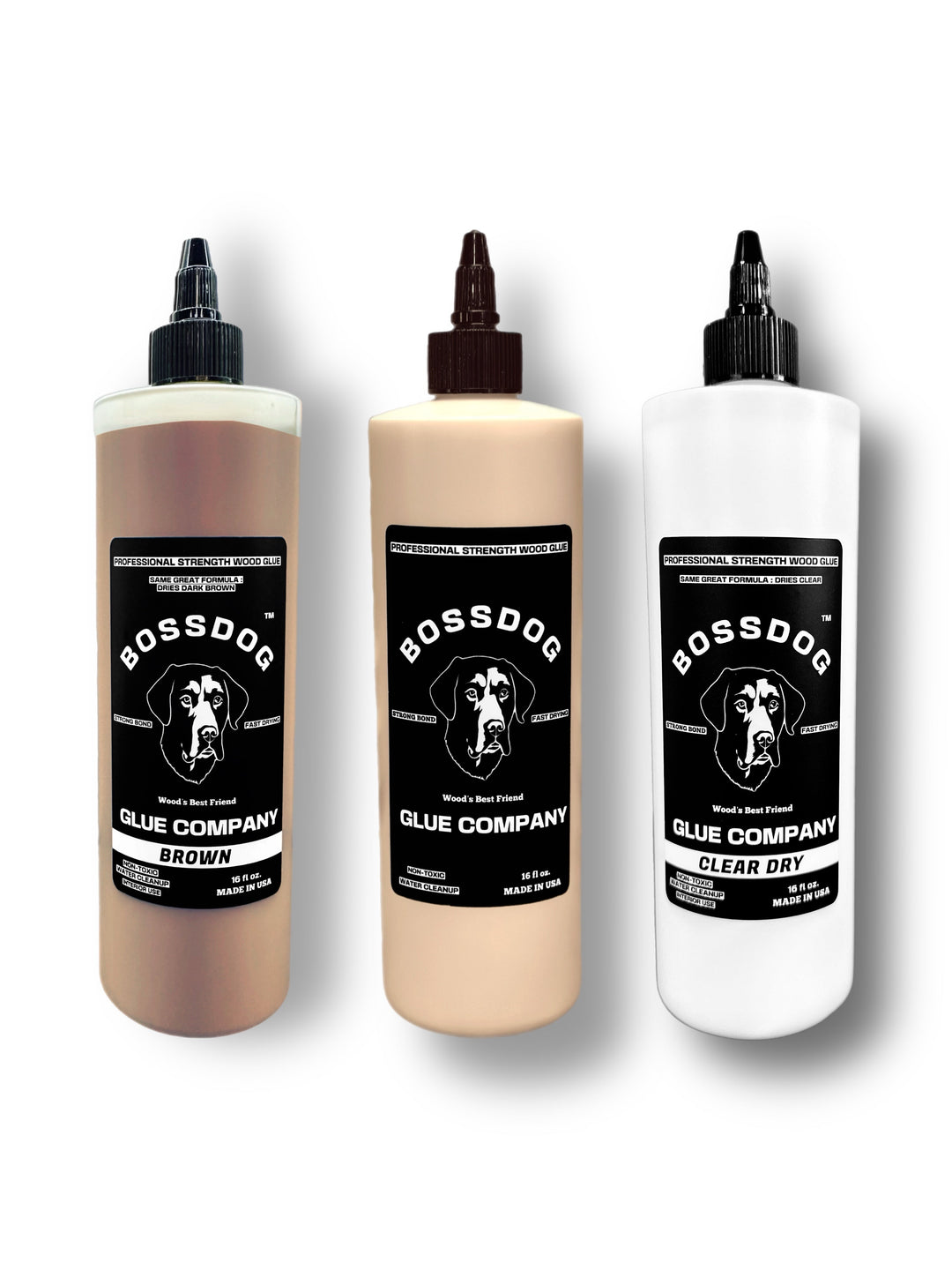 Wood Glue Triple Dog Deal Multi-Pack - BROWN, CLEAR DRY, and TAN - 16 fl oz BOSSDOG Glue Company