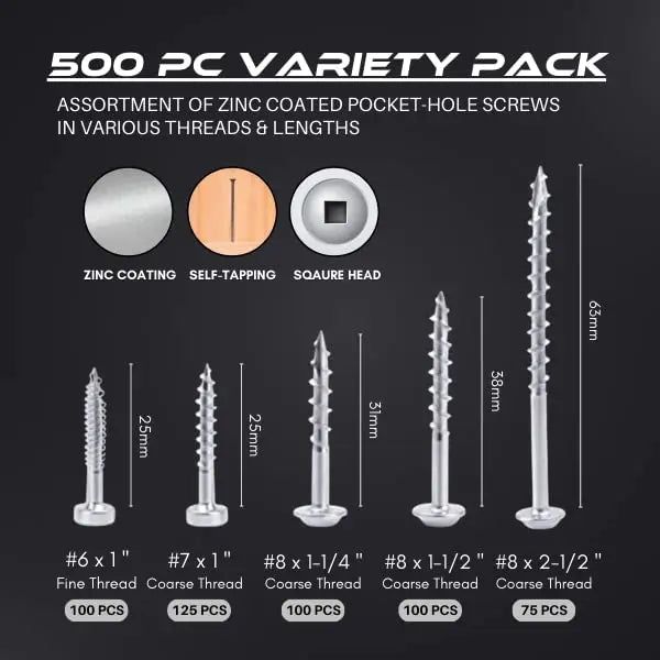 Pocket-Hole Screw Kit 500 Units | Self-Tapping Zinc Plated