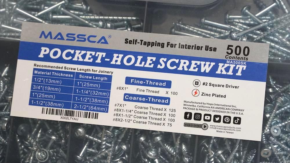 Massca Pocket-Hole Screw Kit 500 Units | Self Tapping Zinc Plated Screws Perfect for Interior Use and DIY Woodworking Projects and includes fine thread screws and coarse thread screws