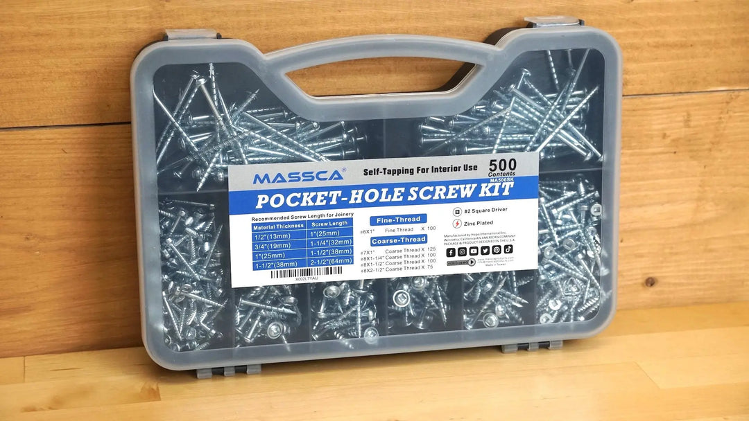 Massca Pocket-Hole Screw Kit 500 Units | Self Tapping Zinc Plated Screws Perfect for Interior Use and DIY Woodworking Projects and includes fine thread screws and coarse thread screws