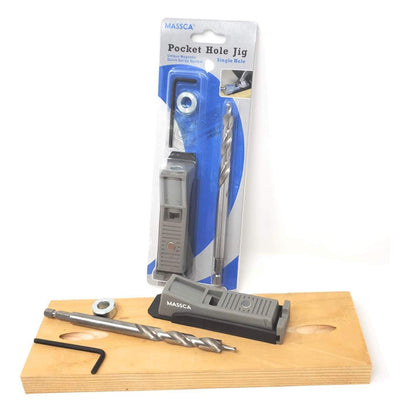 The Massca One Hole Pocket Jig Set is perfect for joinery carpentry and do-it-yourself woodworking projects. This set comes complete with a jig, drill bit, stop collar, and hex key. The Massca Pocket Hole Jig is designed for use with timber from ½"- 1½" in thickness (13mm- 38mm).