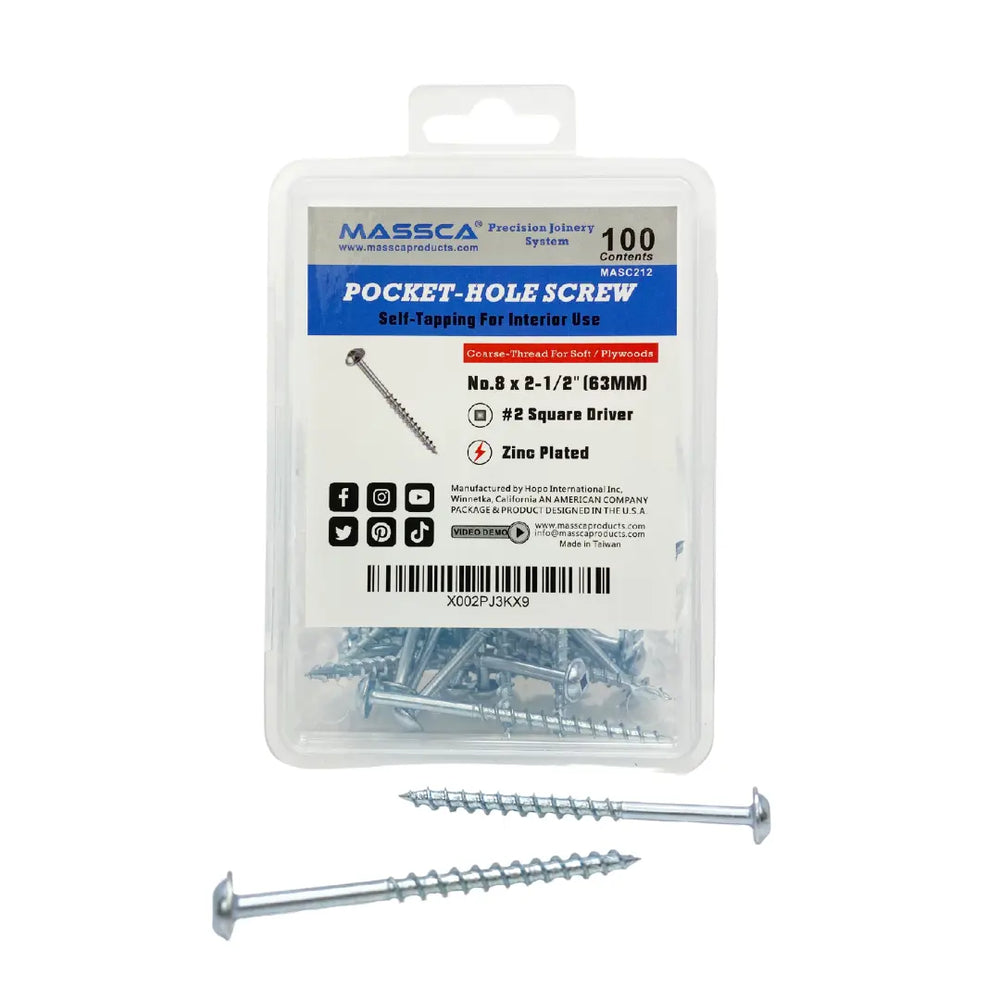 2-1/2'' Coarse Thread #8 Zinc Pocket Hole Screws - 100 Screws Massca Products