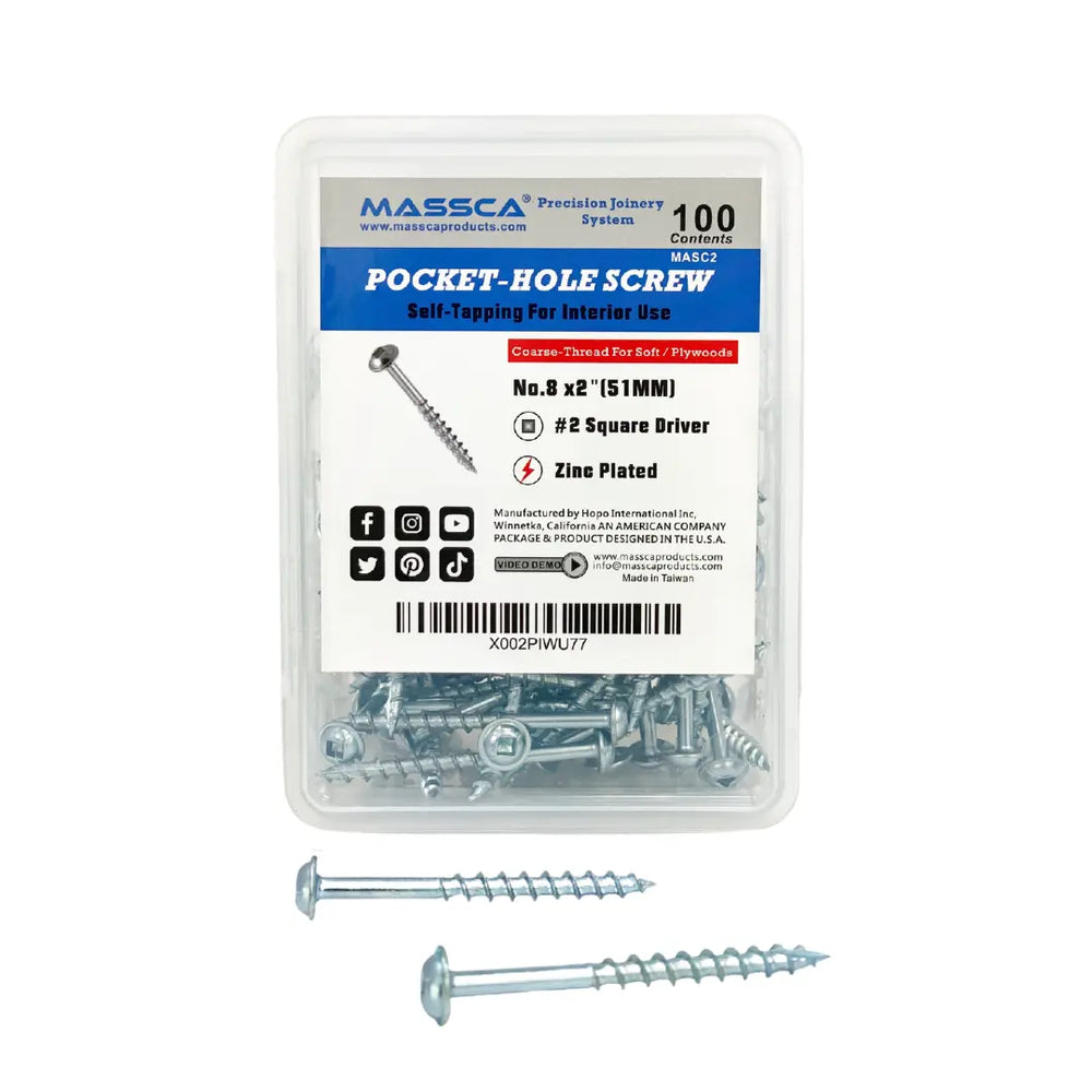 2'' Coarse Thread #8 Zinc Pocket Hole Screws - 100 Screws Massca Products