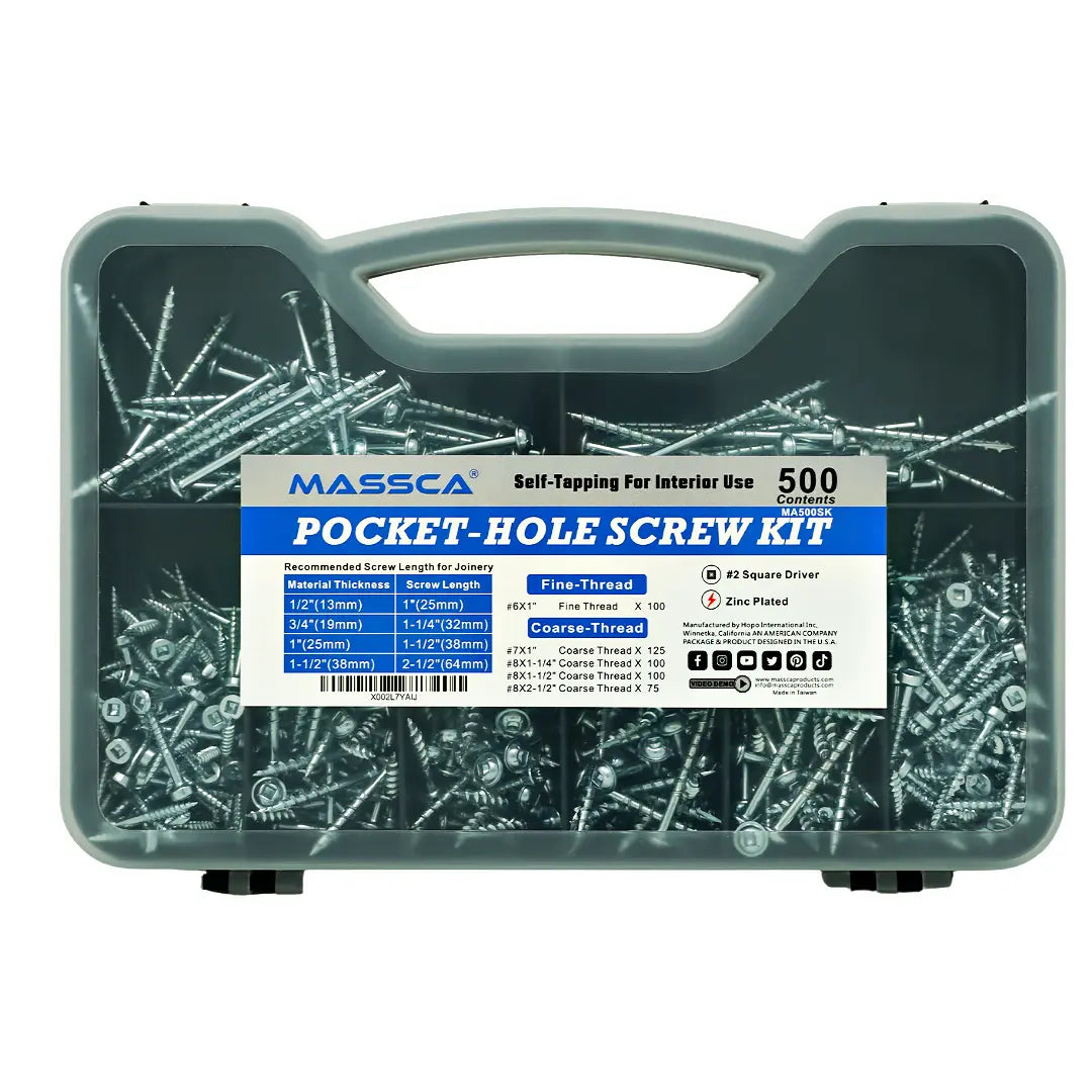 Massca Pocket-Hole Screw Kit 500 Units | Self-Tapping Zinc Plated Massca Products